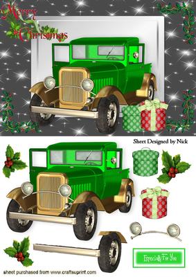 Green Vintage Car in Black Star Frame with Holly
