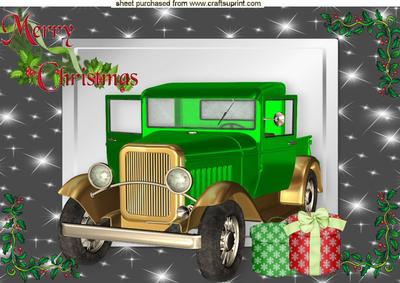 Green Vintage Car in Black Star Frame with Holly A4