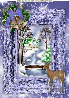 Snown Scene with Cottage and Bridge with Deer A4