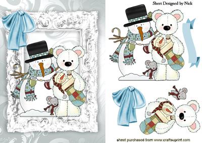 Snowman with White Teddy Bear in Silver Frame