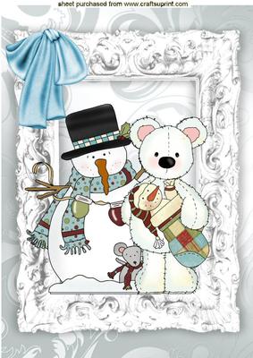 Snowman with White Teddy Bear in Silver Frame