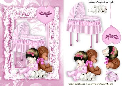 Sweet Baby Girl with Crib in Ornate Frame
