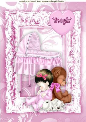 Sweet Baby Girl with Crib in Ornate Frame A4