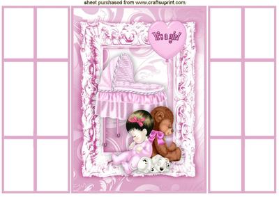Sweet Baby Girl with Crib in Ornate Frame French Gatefold
