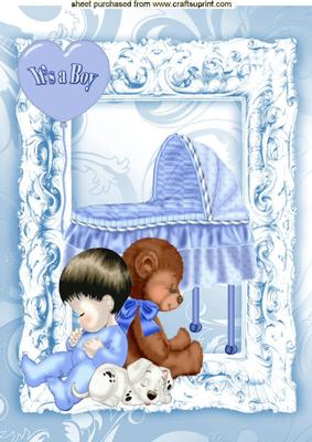 Sweet Baby Boy with Crib in Ornate Frame A4