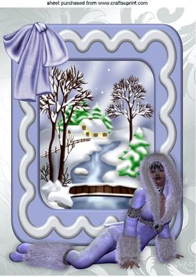 Snow Scene with Cottage and Lady in Snowsuit A4