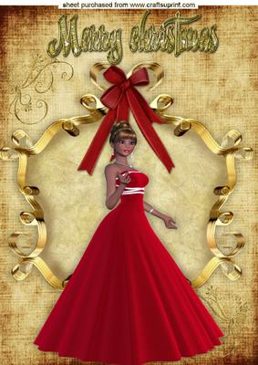 Beautiful Lady in Red Dress with Red Bow in Ornate Frame A4