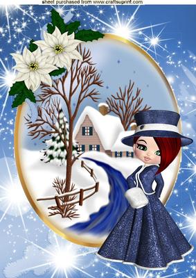 Pretty in Blue in Snow Scene with Cottage A4