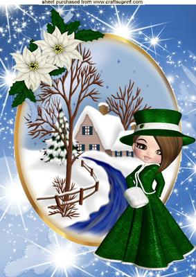 Pretty in Green in Snow Scene with Cottage A4