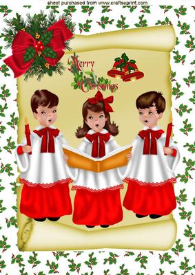 Merry Christmas with Bells and Carol Singers on a Scroll A4