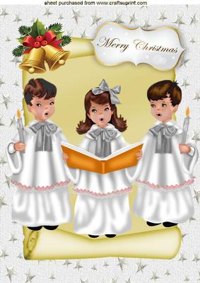 Carol Singers in White with Bells on a Scroll A4