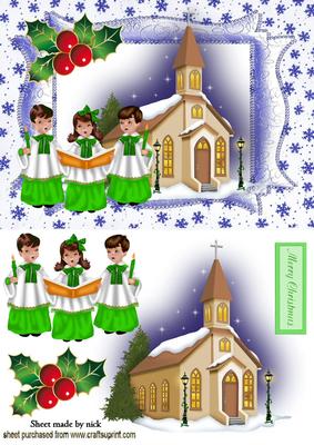 Carol Singers in Green with Pretty Church Scene