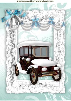 Vintage Car with Snow with Silver Bells in Frame A4