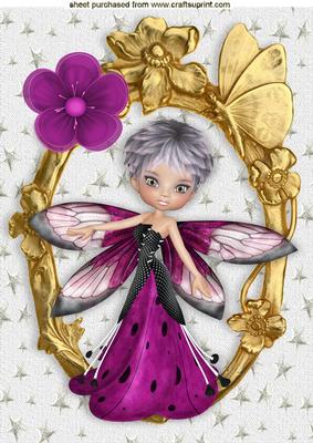 Sweet Winter Faerie in Cerise in Gold Ornate Frame A4