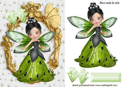 Green Meadow Winter Faerie in Gold Ornate Frame