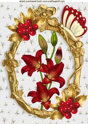 Red Lily with Berries, Holly Butterfly in a Gold Frame A4
