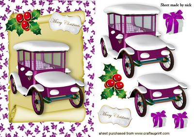 Pink Vintage Car with Snow with Holly and Presents
