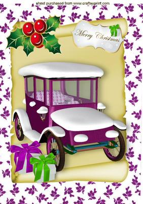 Pink Vintage Car with Snow, Holly and Presents A4