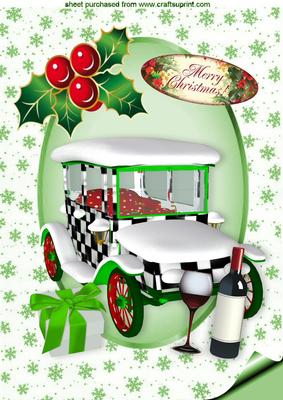 Snow Covered Vintage Car with Holly, Wine and Present A4