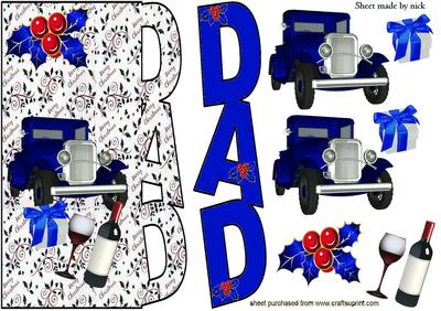 Christmas for Dad, Blue Vintage Car with Wine