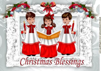 Christmas Blessings, with Carol Singers in Silver Frame A4