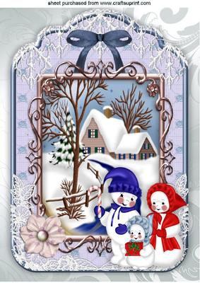 Snowman Family with Snow Scene in Lace Frame A4