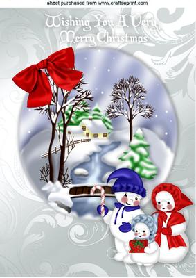 Snow Scene with Bridge and Family of Snowmen A4