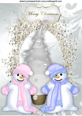 Pink & Blue Snowman with White Sparkle Christmas Tree A4