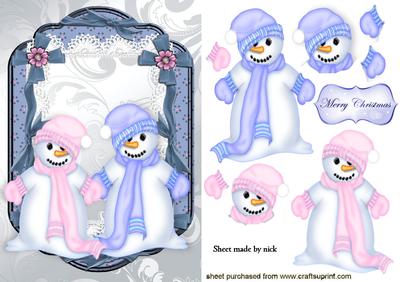 Pink & Blue Snowman in Lace Ornate Frame
