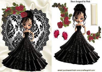 Pretty Lady with Red Roses on Black Lace Heart
