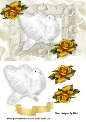 Gold Roses with Beautiful White Dove in Ornate Frame