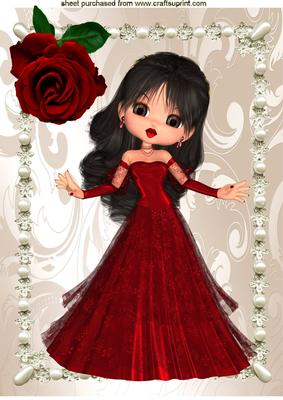 Pretty Lady in Red with Red Rose & Pearl Frame A4