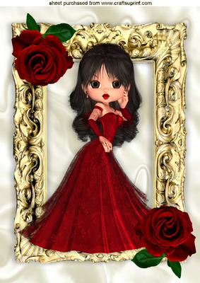 Pretty Lady in Red in Gold Baroque Frame A4