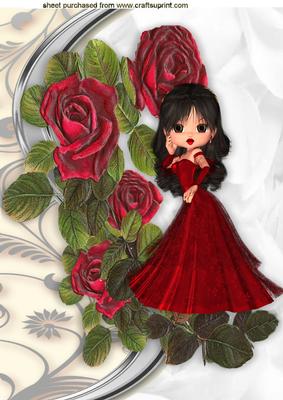 Pretty Lady in Red with Trail of Red Roses A4