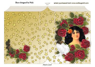 Vintage Lady in Frame of Roses with Dove, Folded Book