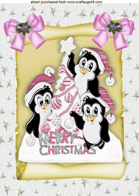Cute Little Penguins on a Scroll with Pink Bows A4