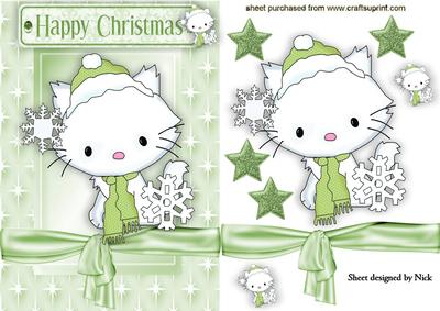 White Little Kitty with Snowflakes in Star Frame