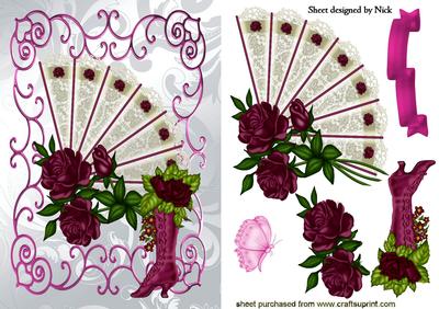 Rose Lace Fan with Boot in Scroll Frame with Butterfly