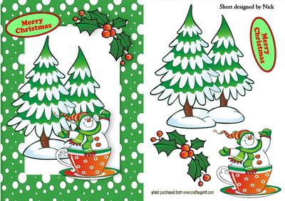 Snowman in a Teacup with Christmas Tree