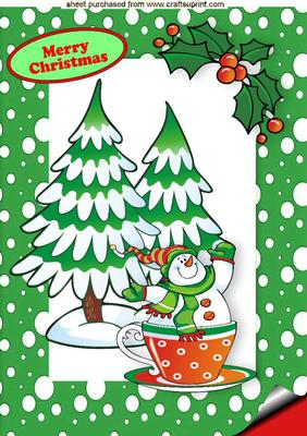 Snowman in a Teacup with Christmas Tree A4