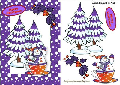 Snowman in a Teacup in Purple Snow Frame