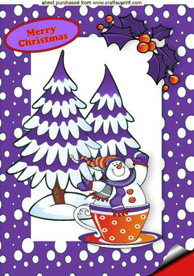 Purple Snow Frame with Snowman in a Teacup A4