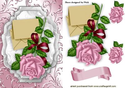 Pink Roses with Envelopes with Pink Flourish Background