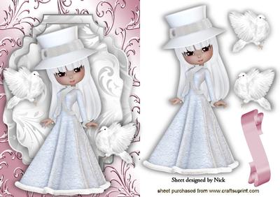 White Doves with Pretty Lady in White Gown