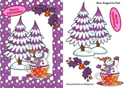 Snowman in a Teacup in Pink Snow Frame