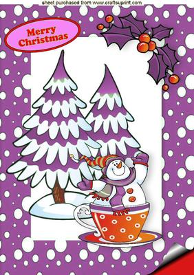 Snowman in a Teacup in Pink Snow Frame A4