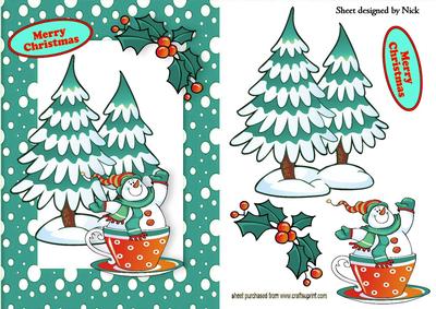 Snowman in a Teacup with Tree in Turquiose Snow Frame