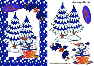 Snowman in a Teacup in Blue Snow Frame