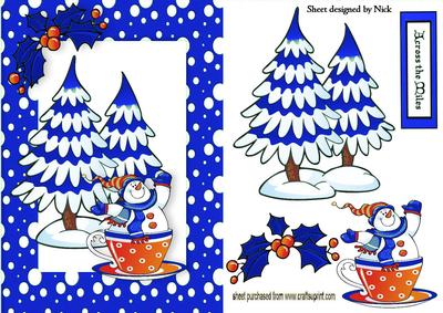 Across the Miles, Snowman in a Teacup Blue Frame