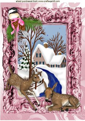 Deers and Bird in Snow Scene in Pretty Baroque Frame A4